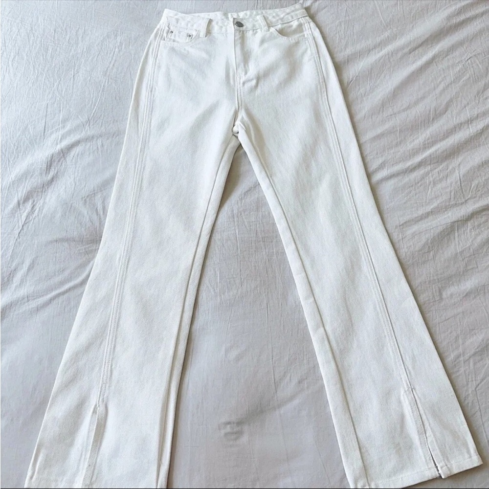 White Straight Leg Flare Jeans With Vented Hem